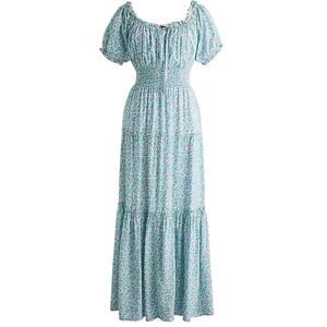 J Crew Puff Sleeve Floral Maxi Dress Tiered Smocked Waist Teal White Pink 2